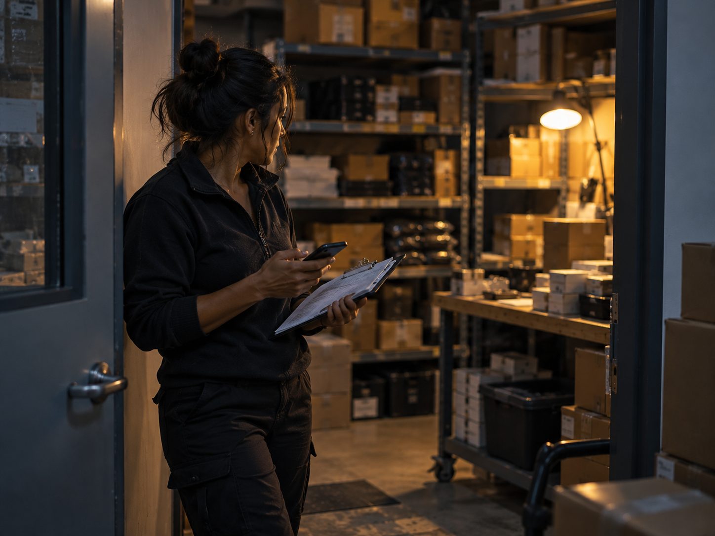A founder in the doorway of a stockroom, phone in one hand and clipboard in the other